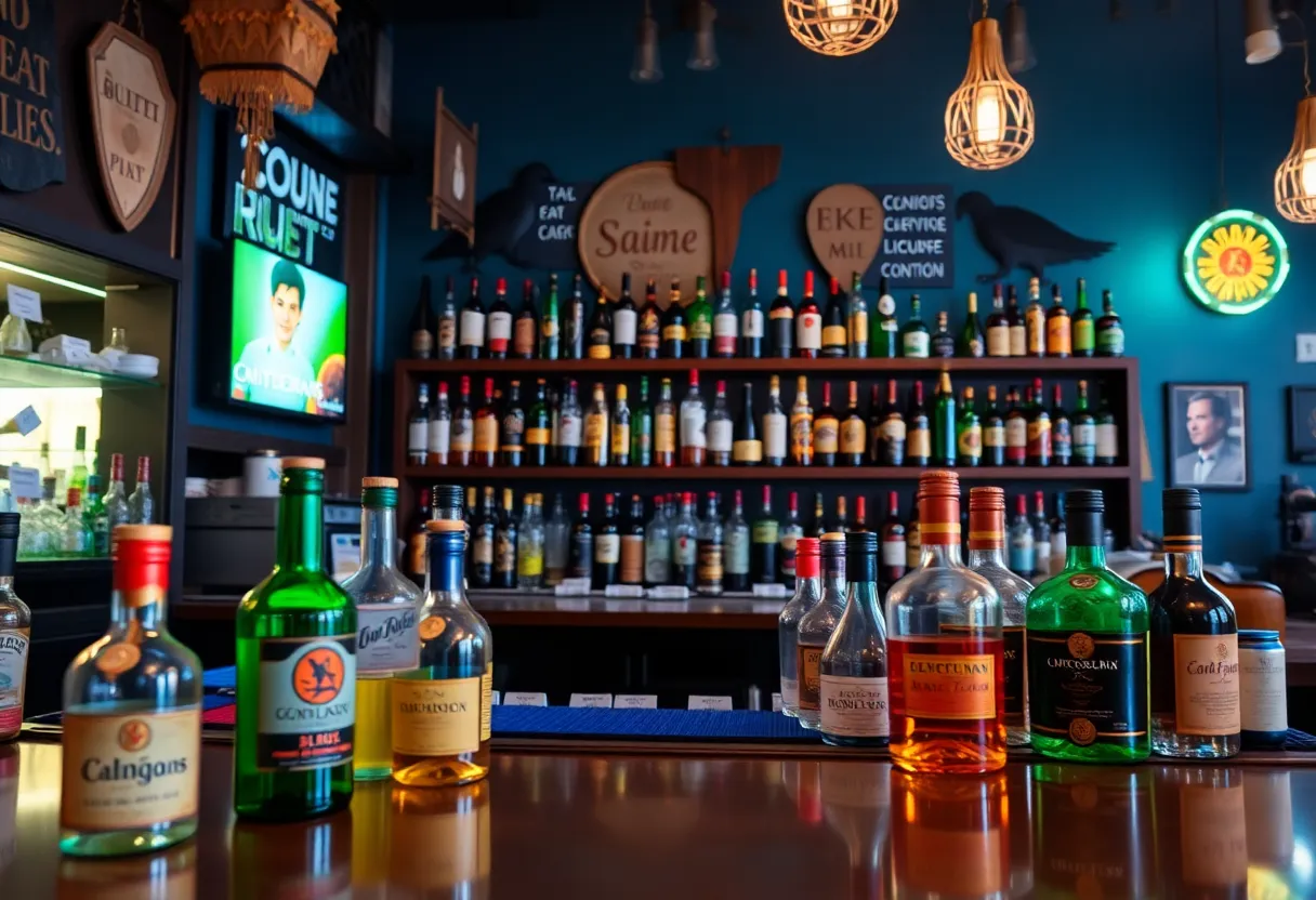 California bar interior showcasing liquor bottles