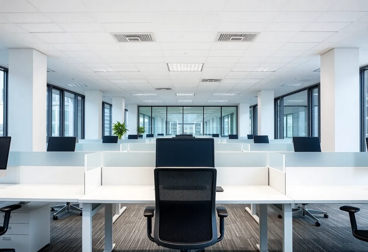 Empty desks in California government office highlighting remote work