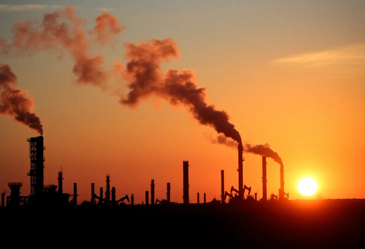 Silhouette of oil refineries against a sunset sky