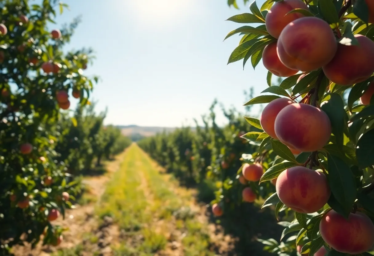 Peach orchards in California's Central Valley during harvest.