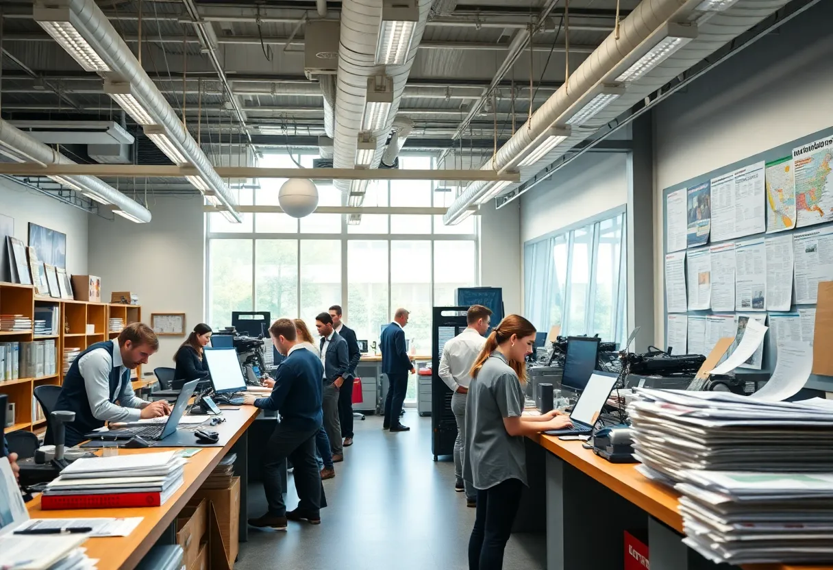 Newspaper office with journalists working