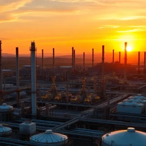 Panoramic view of a California refinery during sunset