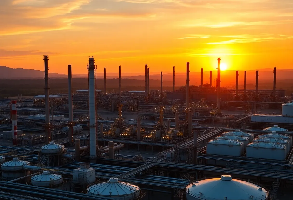 Panoramic view of a California refinery during sunset