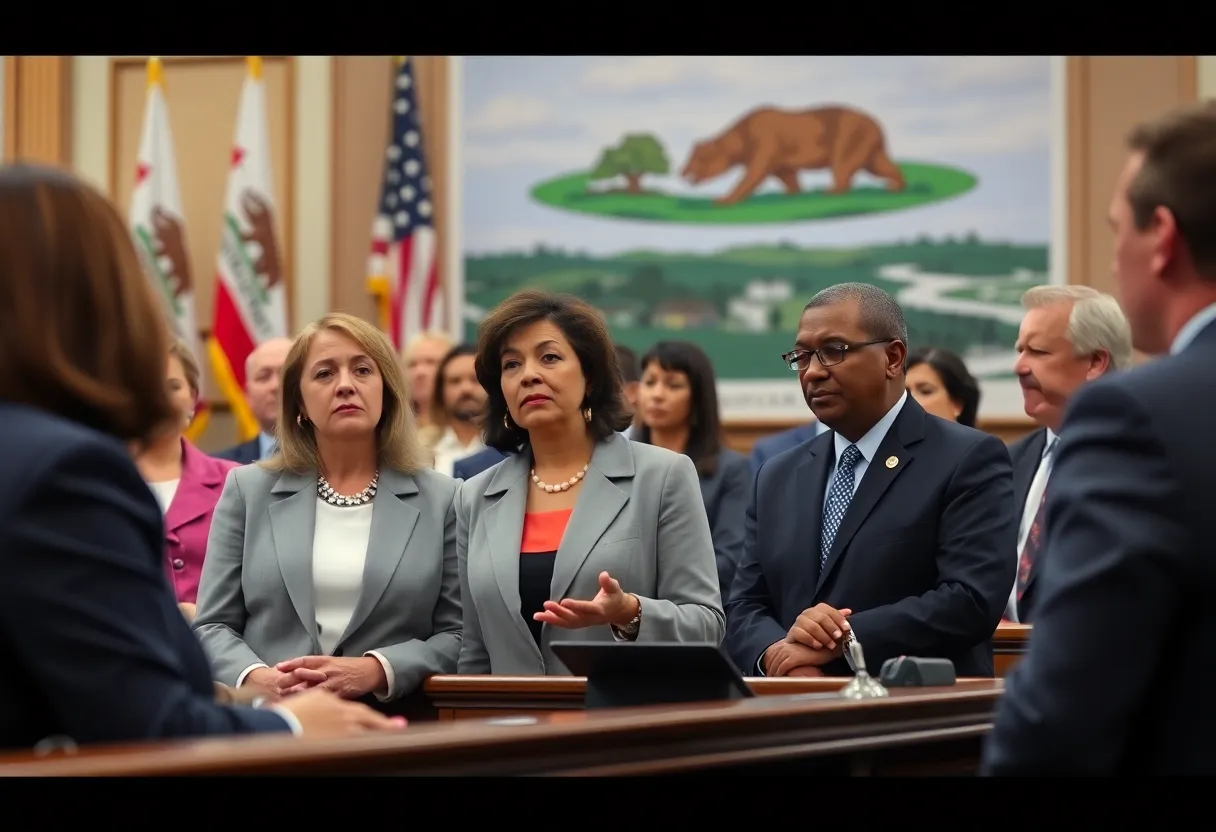 Diverse lawmakers in California state senate during a debate