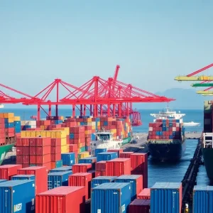 Busy California port showing cargo ships and containers.