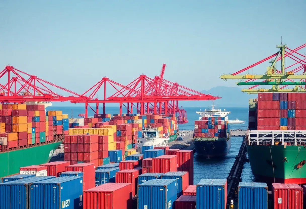 Busy California port showing cargo ships and containers.