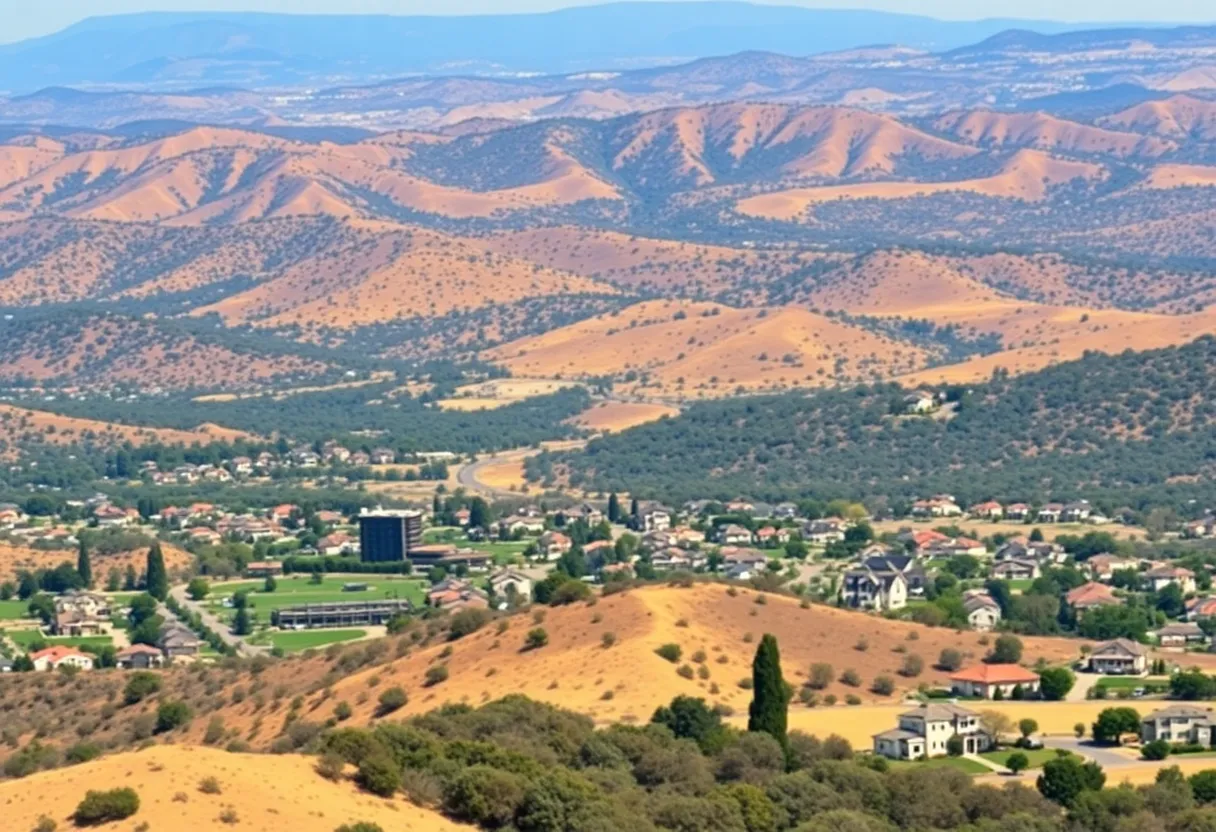 California landscape showing wildfire risk areas and homes