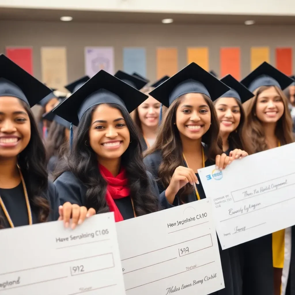Young women celebrating scholarship awards at a community event