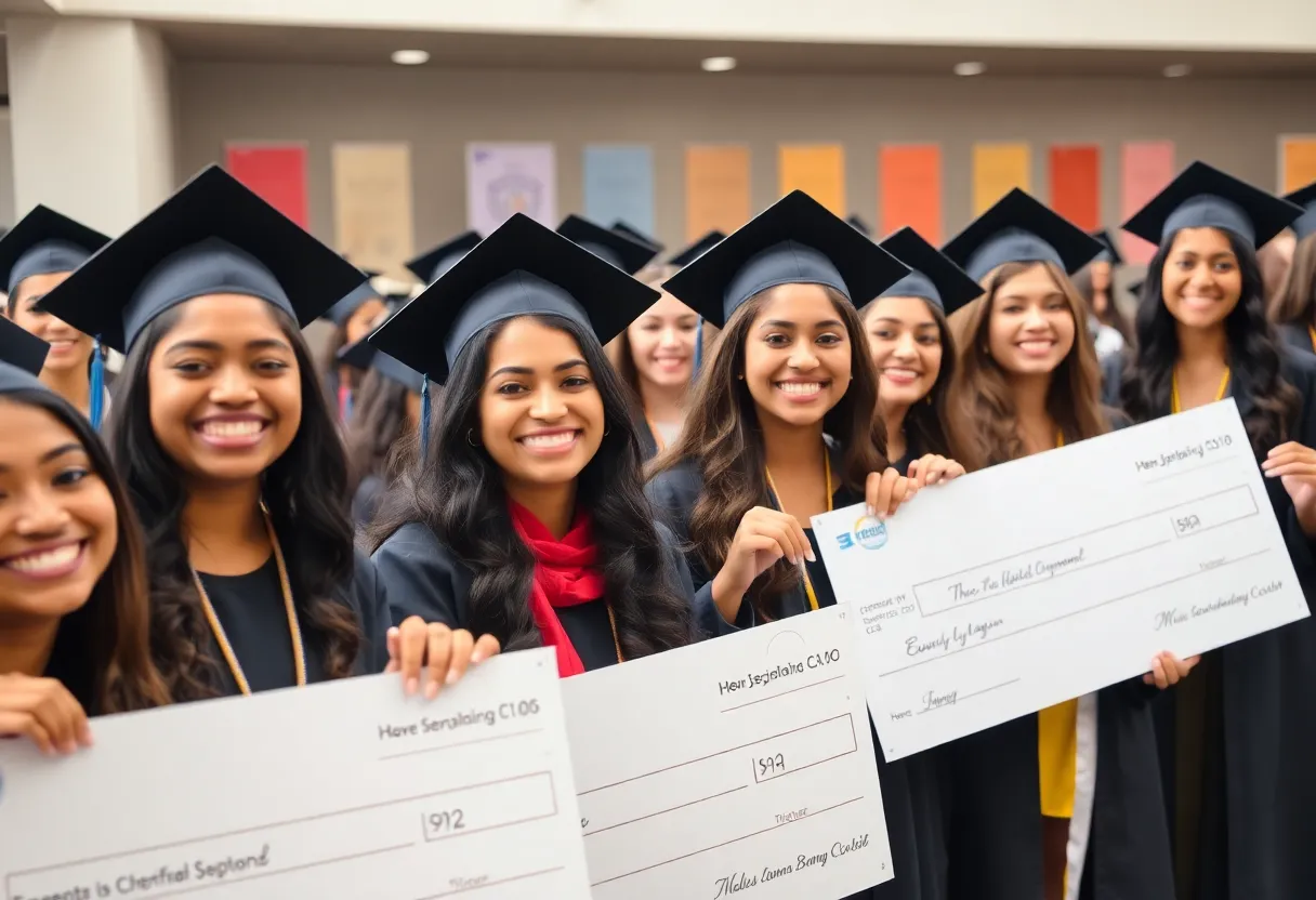Young women celebrating scholarship awards at a community event