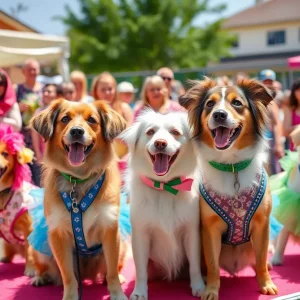 Dogs dressed in fashionable outfits participating in the Coronado Cays Dog Fashion Pageant