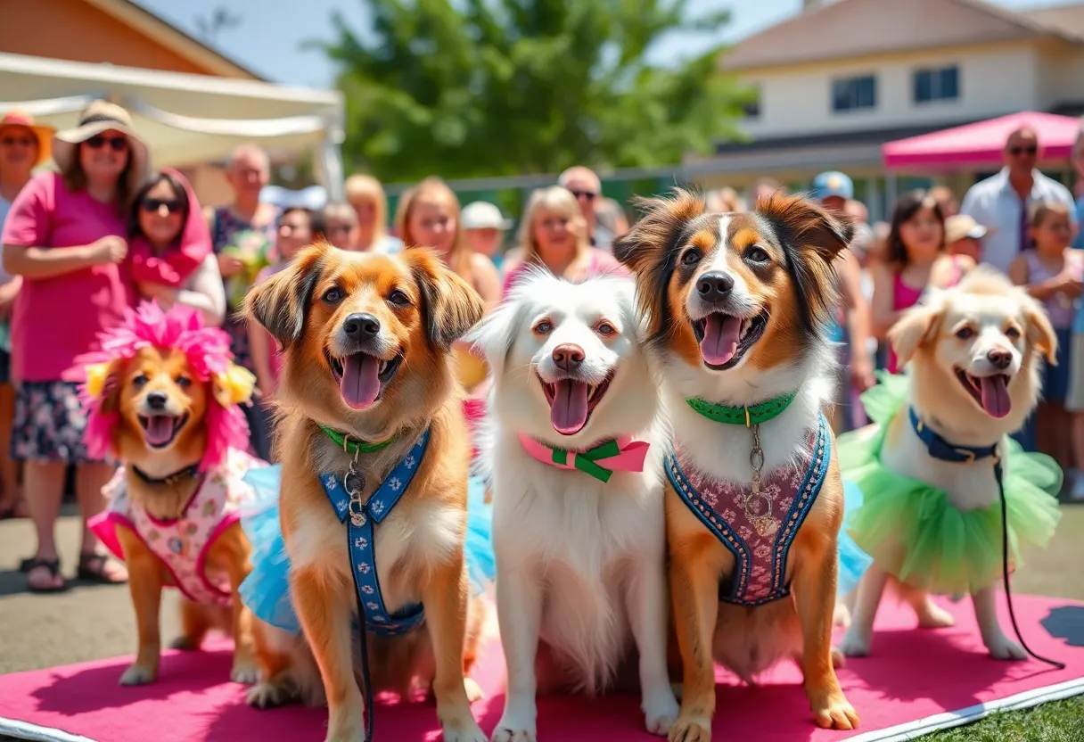 Dogs dressed in fashionable outfits participating in the Coronado Cays Dog Fashion Pageant