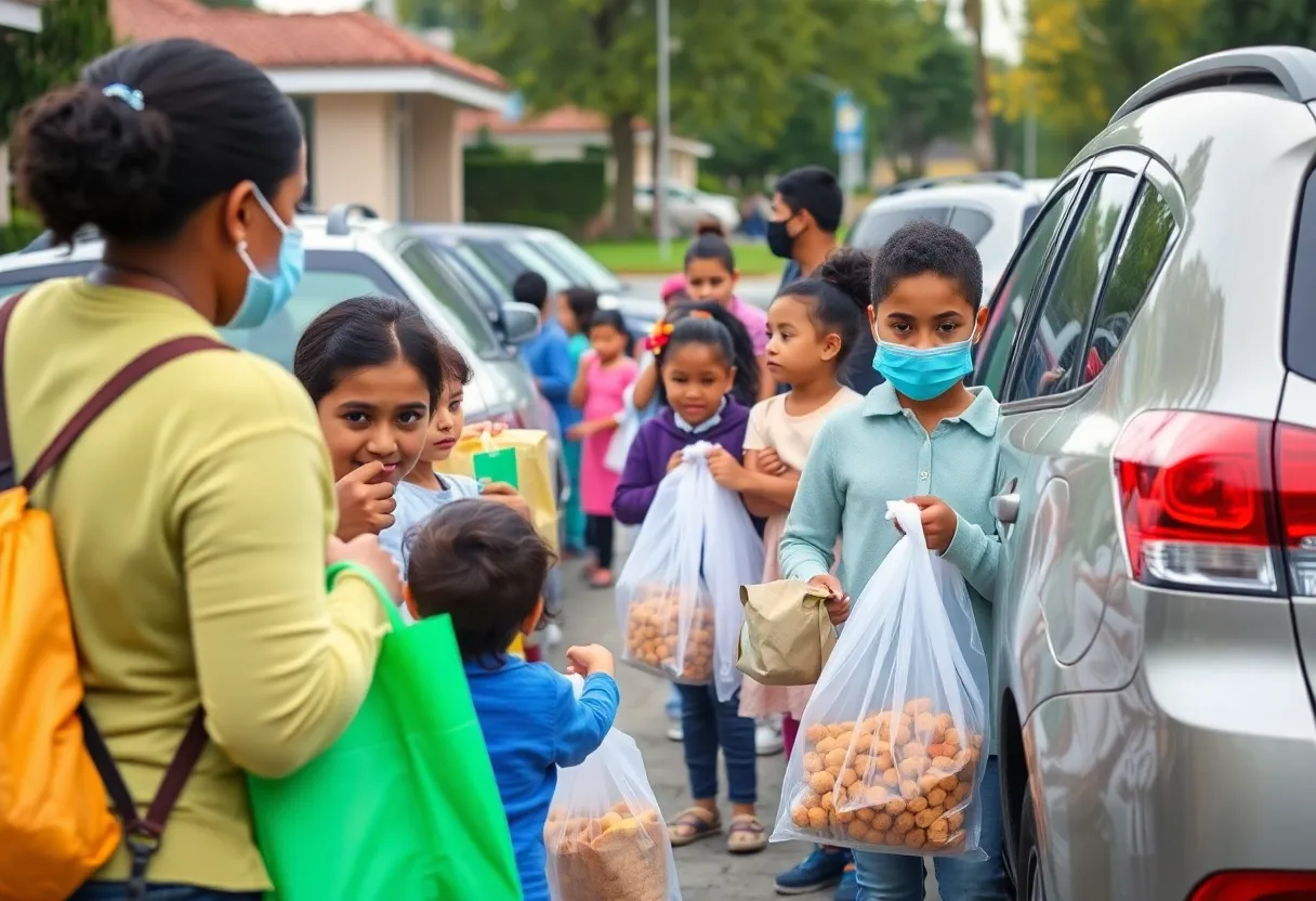 Families picking up grab-and-go meals at Coronado school.