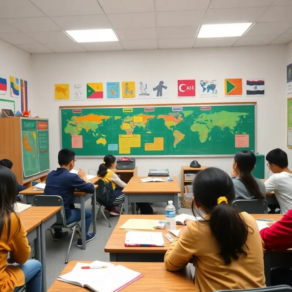 Students engaging in language learning in a colorful classroom.