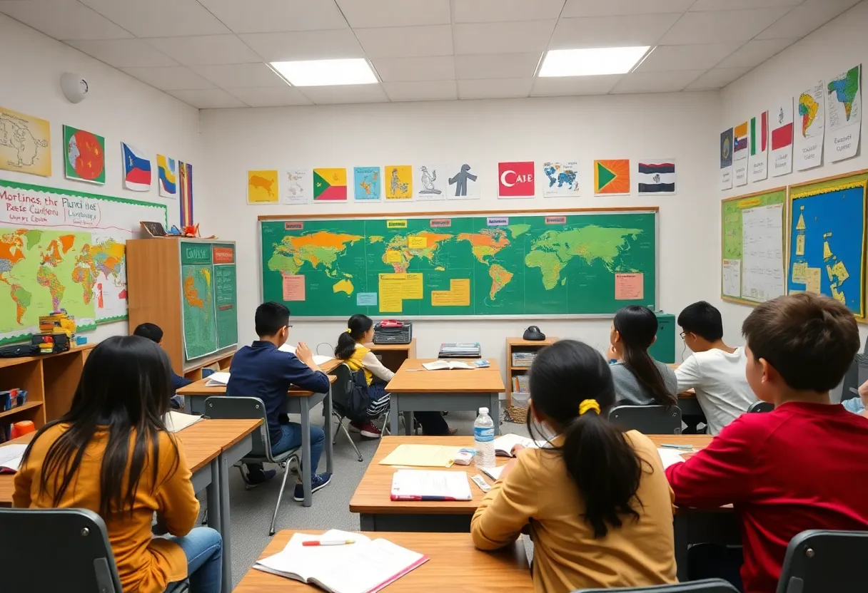 Students engaging in language learning in a colorful classroom.