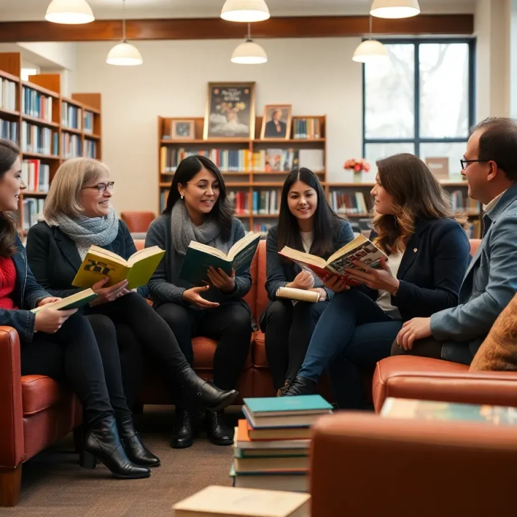 Participants of the Coronado Public Library Mystery Book Club discussing a novel.