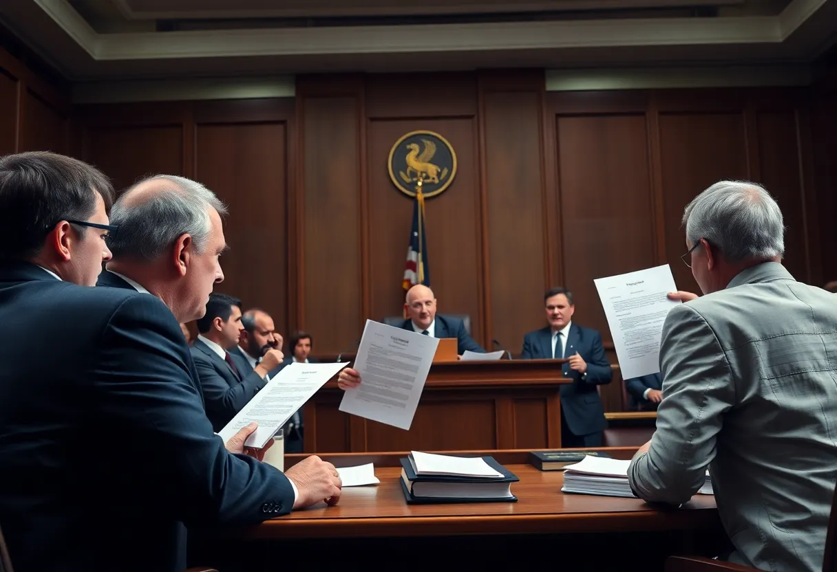 Courtroom scene representing the lawsuit by truck manufacturers against California's Clean Truck Mandate.