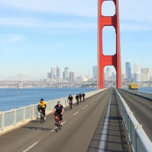 Cyclists participating in the Bike the Bay event on the San Diego-Coronado Bay Bridge.