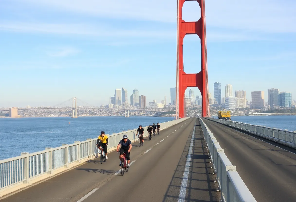 Cyclists participating in the Bike the Bay event on the San Diego-Coronado Bay Bridge.