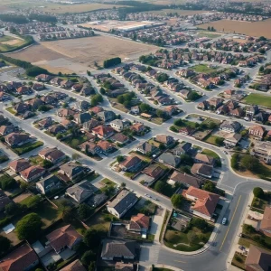 Aerial view of homes and schools affected by aviation fuel dumping in Southern California.