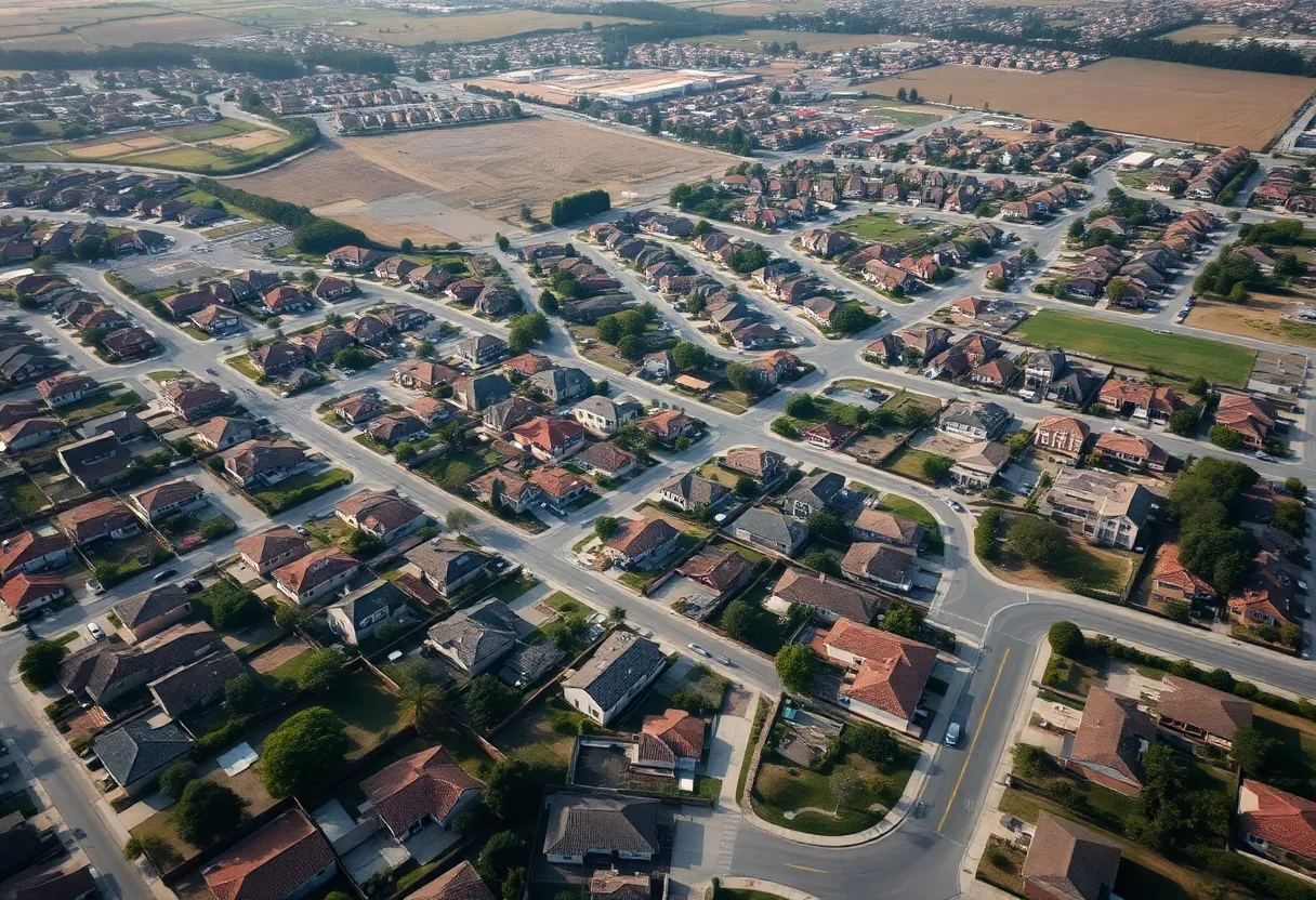 Aerial view of homes and schools affected by aviation fuel dumping in Southern California.