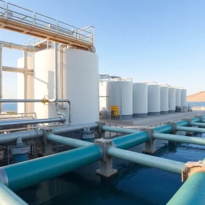 A desalination plant processing seawater to produce fresh water.