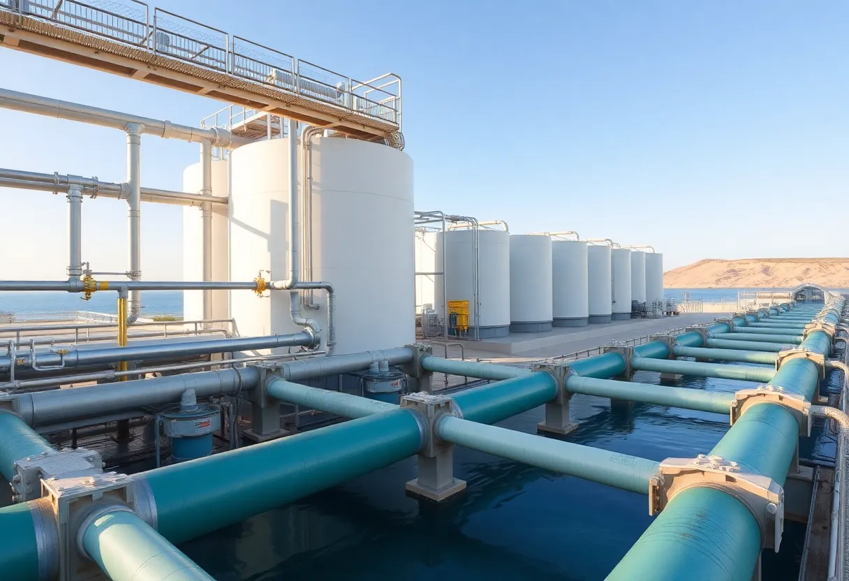 A desalination plant processing seawater to produce fresh water.
