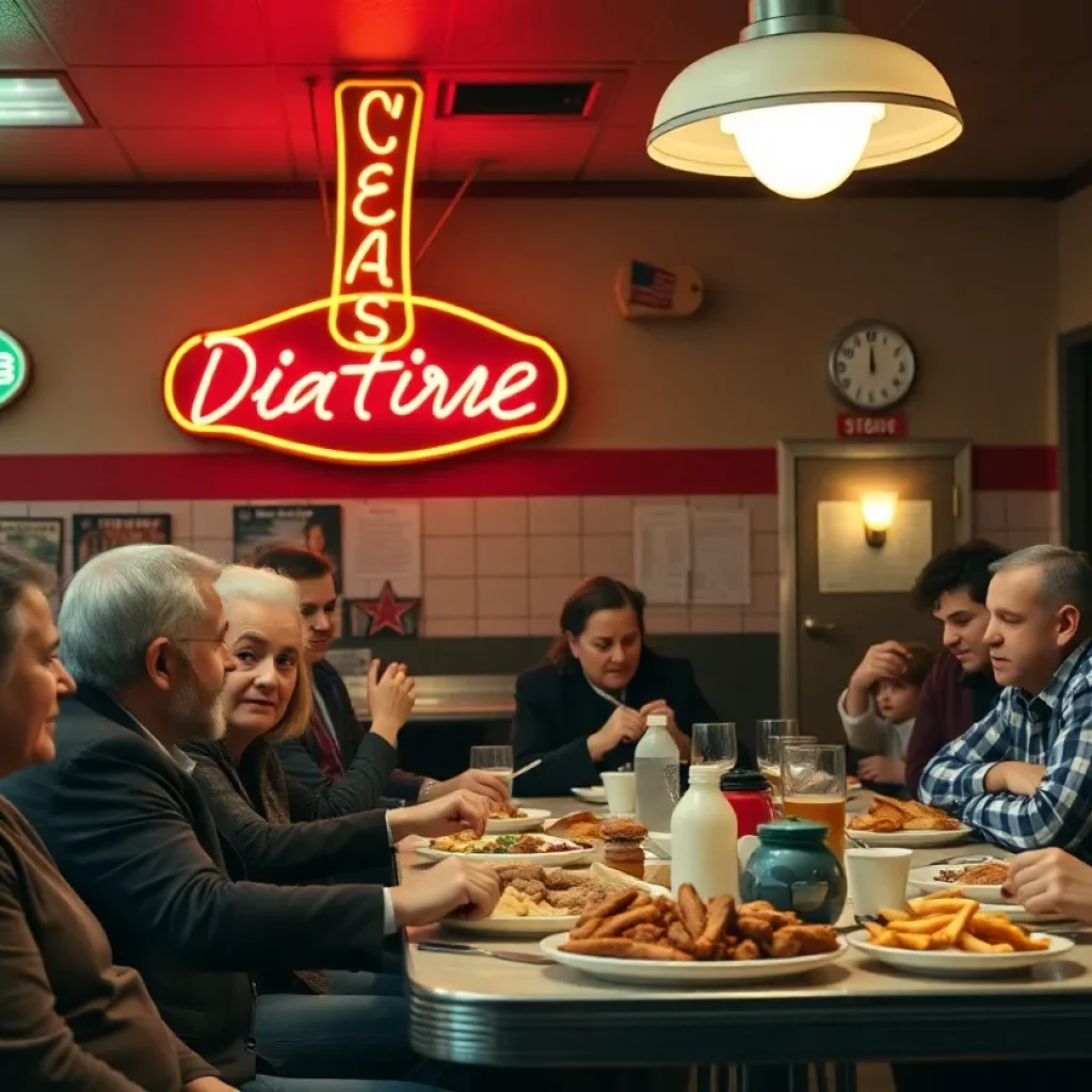 Nostalgic diner scene with patrons enjoying food