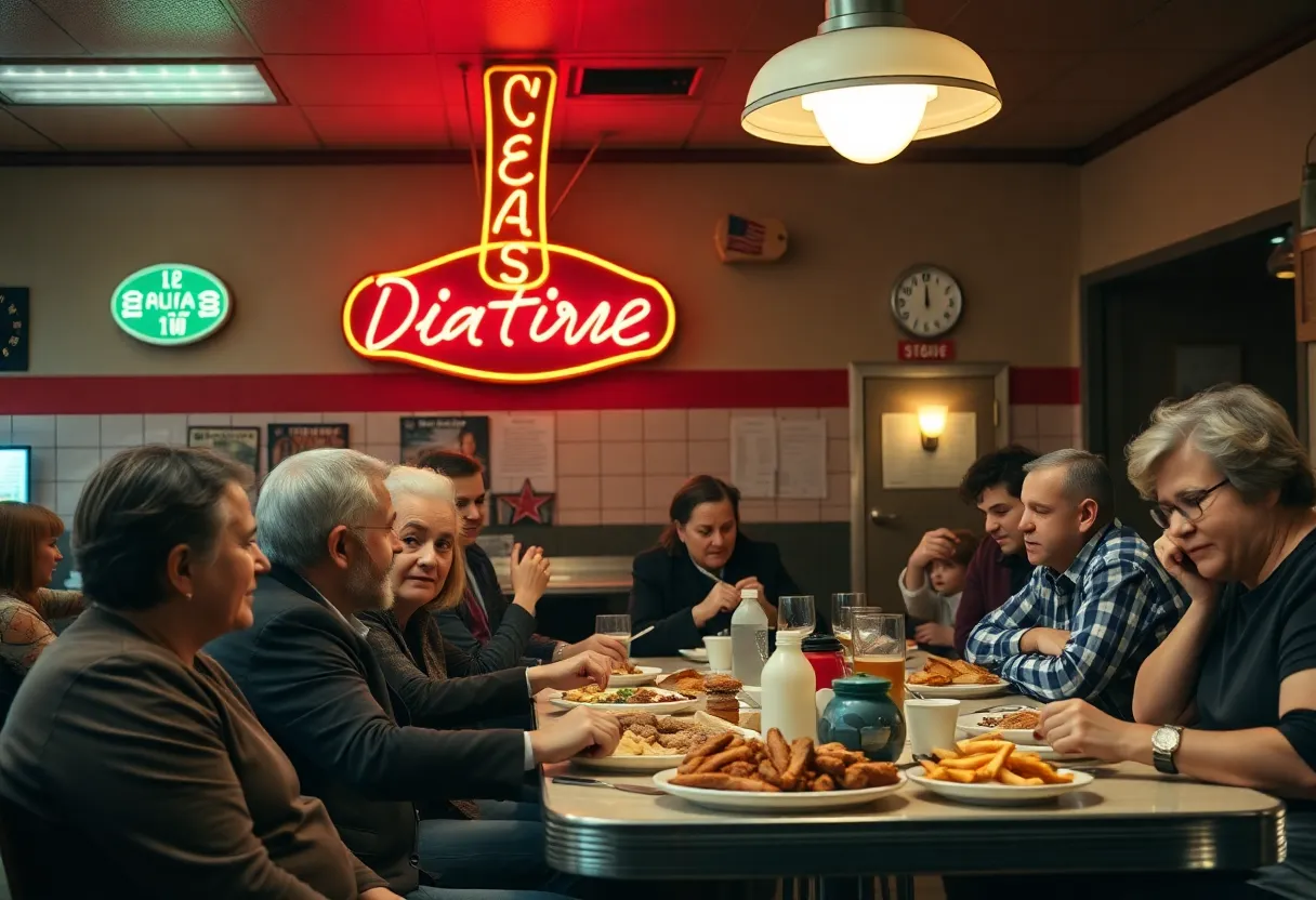 Nostalgic diner scene with patrons enjoying food