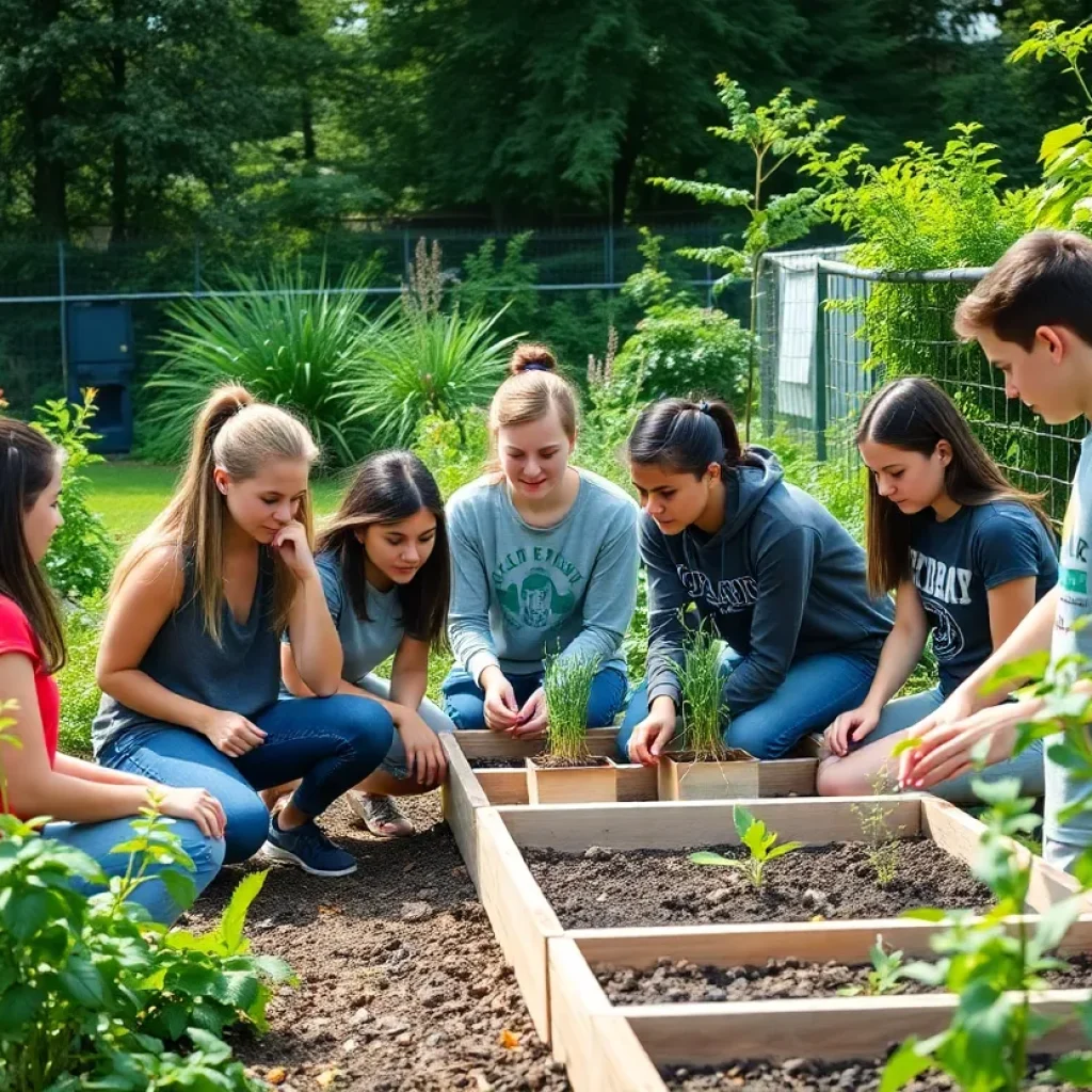 High school students working in a community garden promoting sustainability