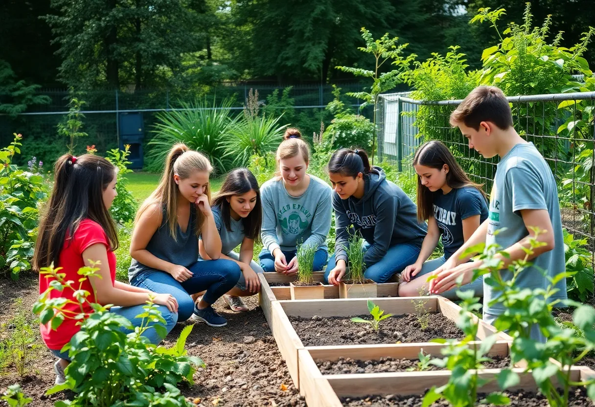 High school students working in a community garden promoting sustainability