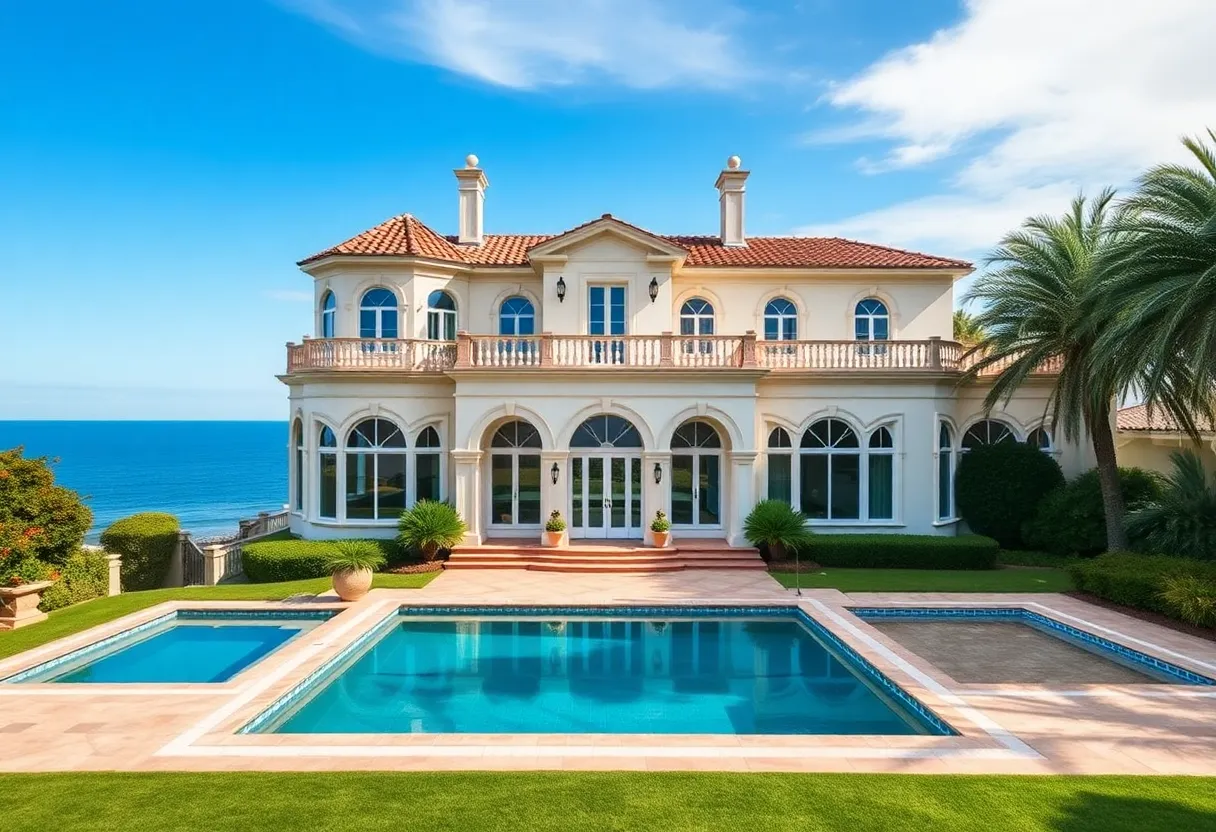 Exterior view of a luxury historic home in Coronado with ocean views