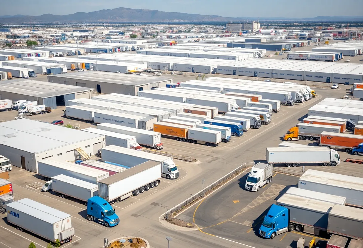 Logistics facility in Southern California with trucks and warehouses
