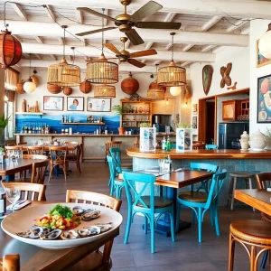 Interior of La Corriente Baja-style seafood restaurant in Coronado