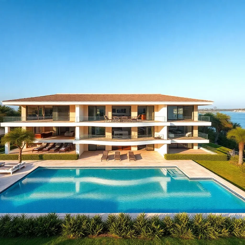 A stunning view of a luxury mansion in Coronado Cays with a pool and ocean view