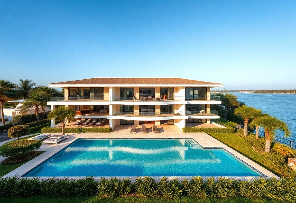 A stunning view of a luxury mansion in Coronado Cays with a pool and ocean view