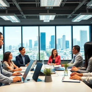 Diverse professionals discussing AI policies in a tech office