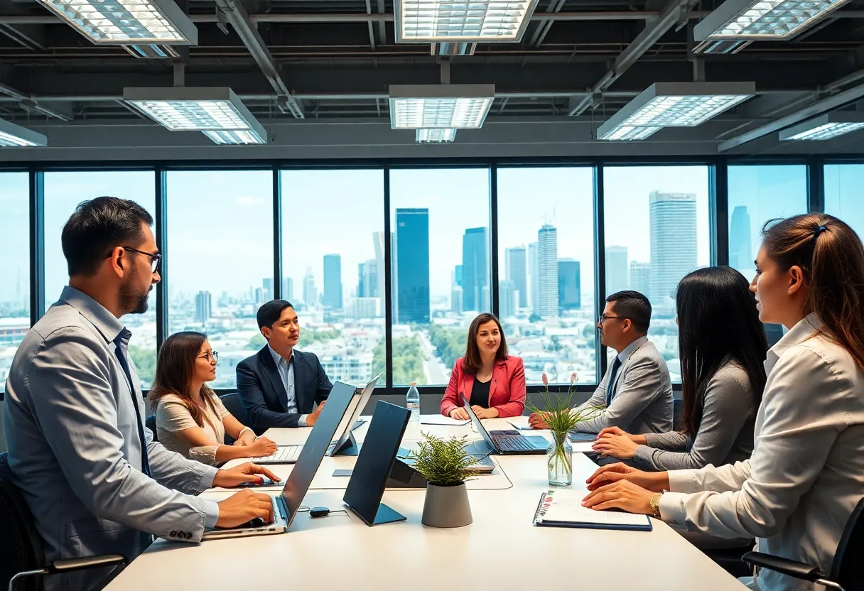 Diverse professionals discussing AI policies in a tech office