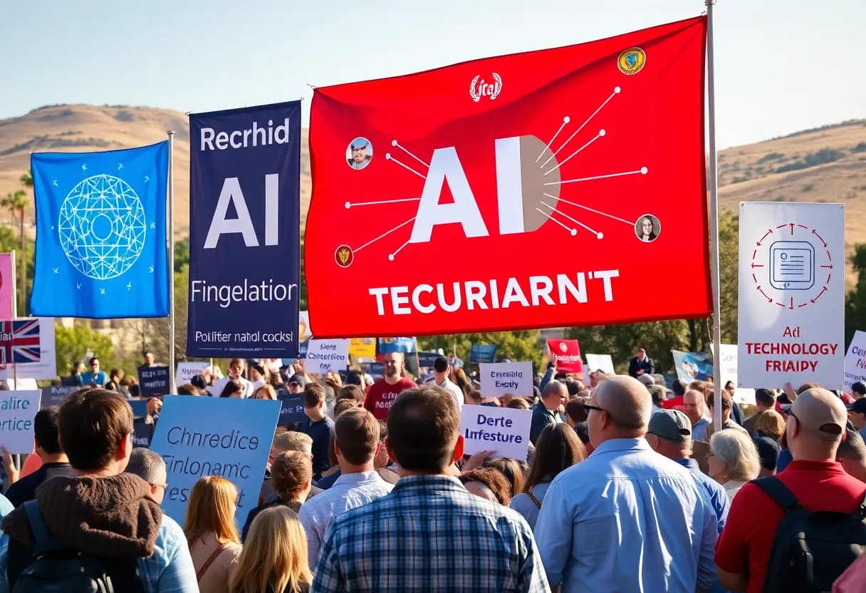 Image depicting a political rally focused on AI regulation in California