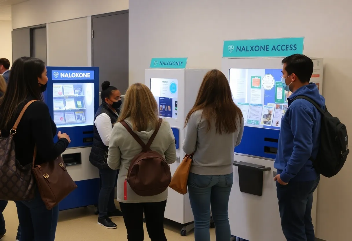 Community members engaging with naloxone distribution resources and information.