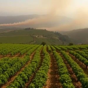 Aerial view of Napa Valley vineyards with wildfire smoke in the background