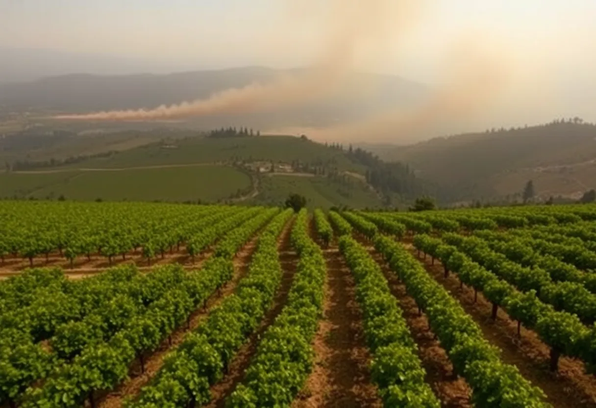 Aerial view of Napa Valley vineyards with wildfire smoke in the background