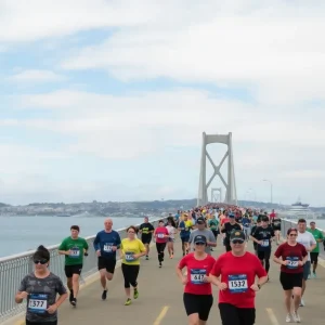 Runners and walkers participating in the Navy Bridge Run crossing the Coronado Bay Bridge