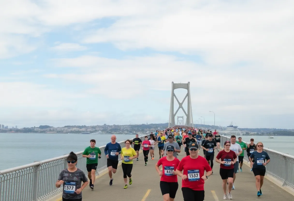 Runners and walkers participating in the Navy Bridge Run crossing the Coronado Bay Bridge