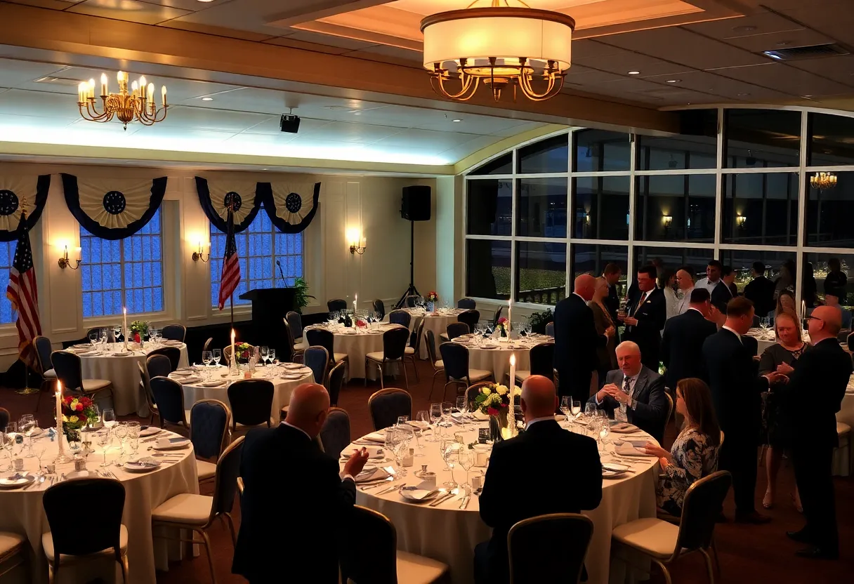 Attendees at a dinner event at a yacht club discussing military matters.