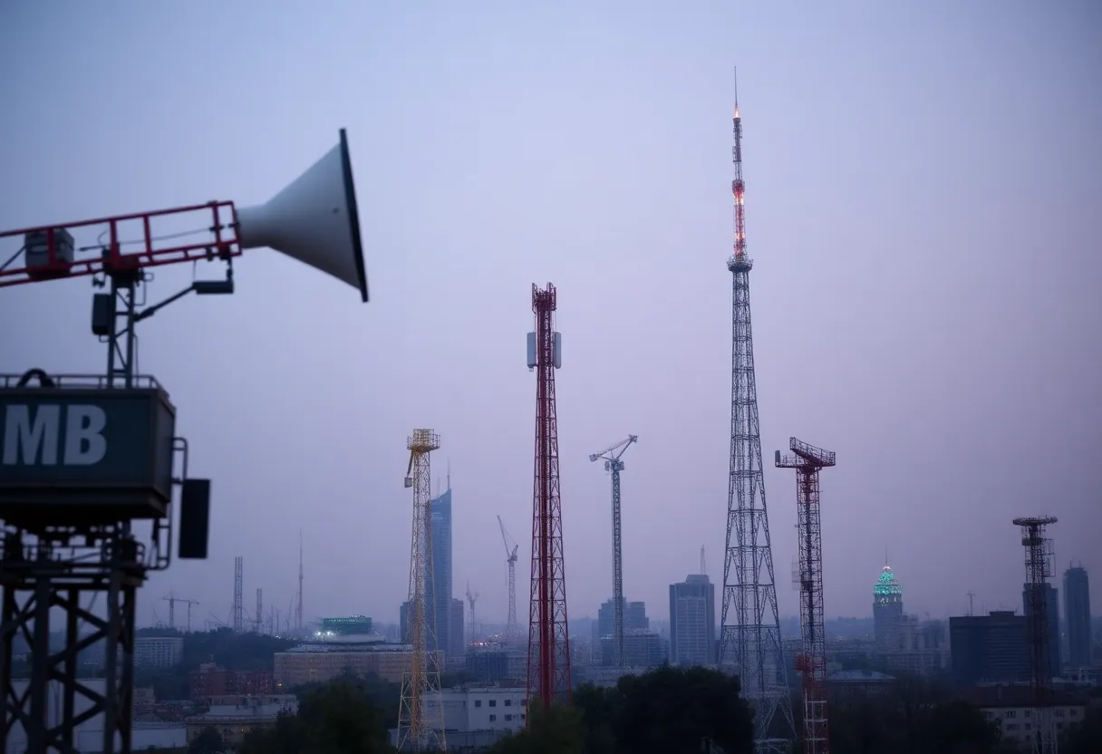 Illustration of media consolidation featuring broadcast towers