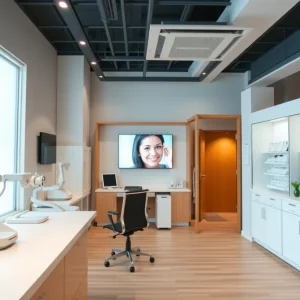 Interior of a modern optometry clinic with patients and staff