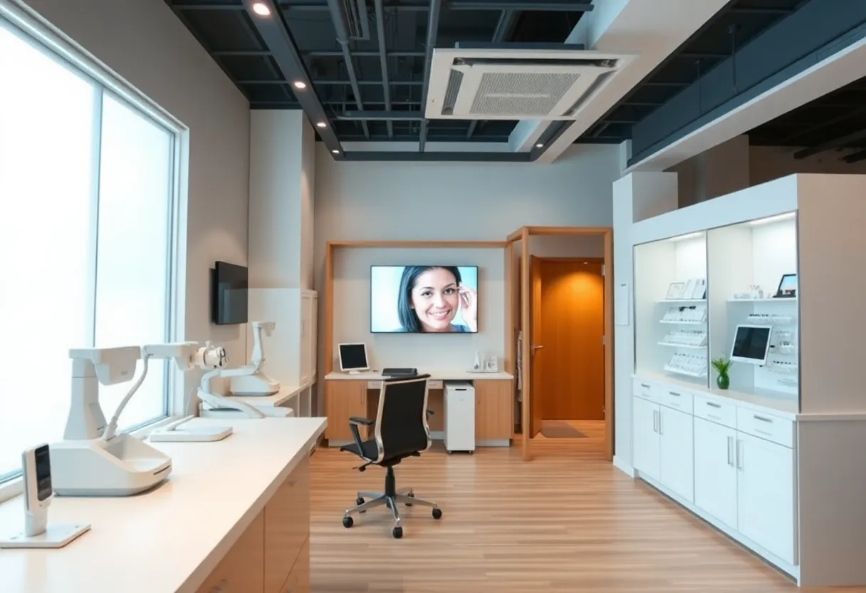 Interior of a modern optometry clinic with patients and staff