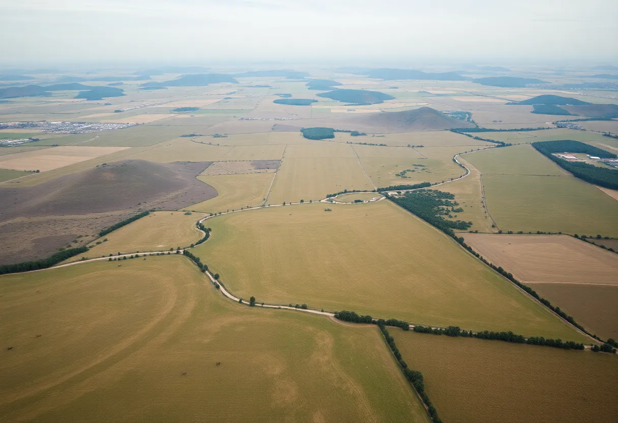 Aerial view of Reynolds Ranch showing farmland and grazing areas.