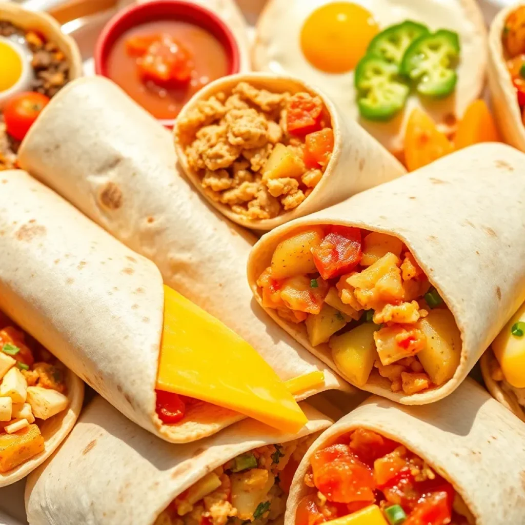 An assortment of San Diego breakfast burritos with fresh ingredients