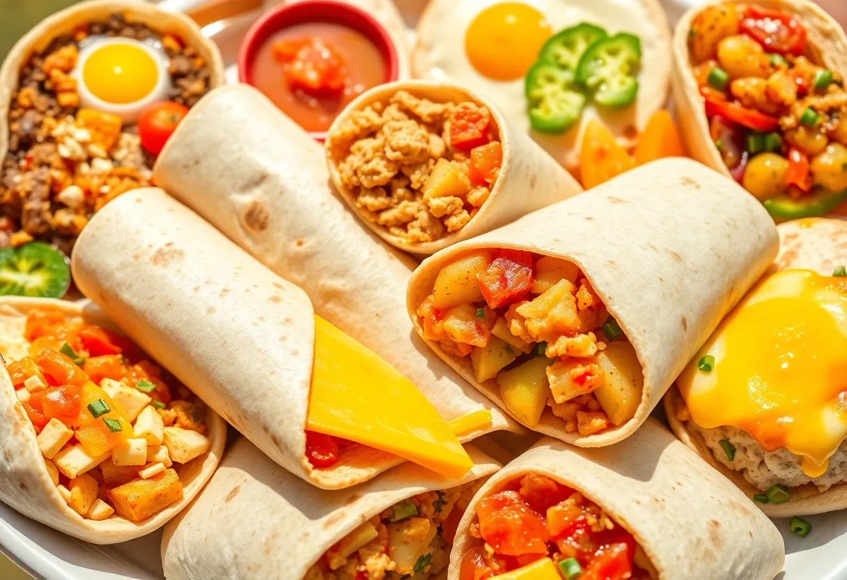 An assortment of San Diego breakfast burritos with fresh ingredients